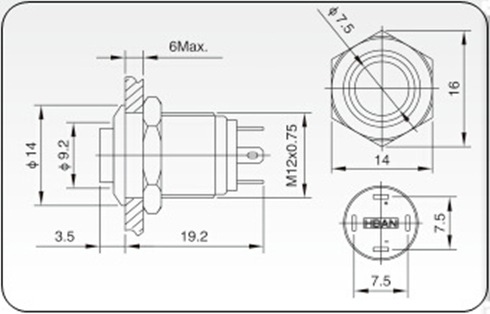 สวิทย์กดติดปล่อยดับ วงแหวนไฟสีฟ้า ขนาด12มม. แป้นกดสูง*แถมR120*