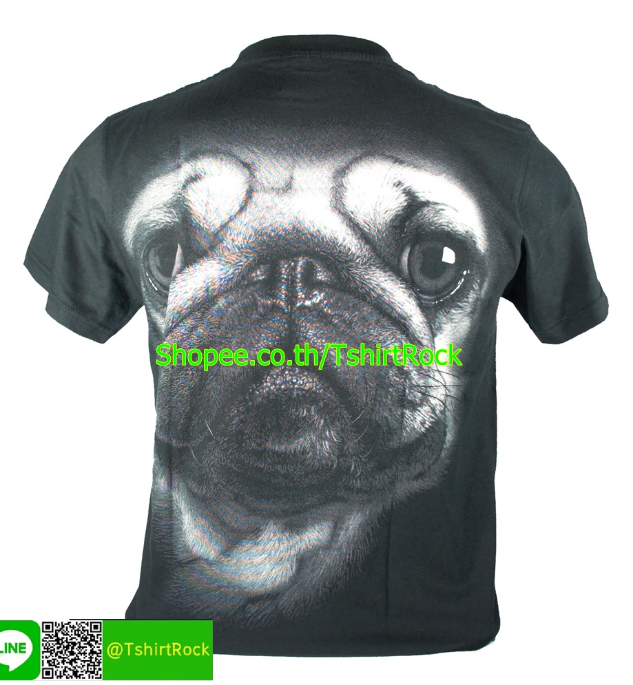 เสื้อลาย หน้าสุนัข ปั๊ก Pug Dog เต็มหน้า เสื้อยืดสีดำ สกรีนหน้าหลัง ไซร์ยุโรป RCA190