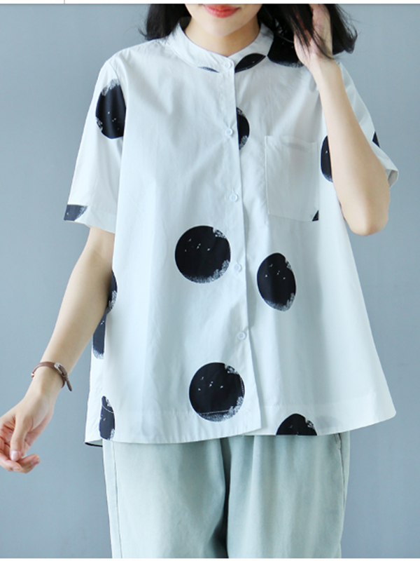 เสื้อฝ้ายเชิ้ตคอจีนลายจุดดำ