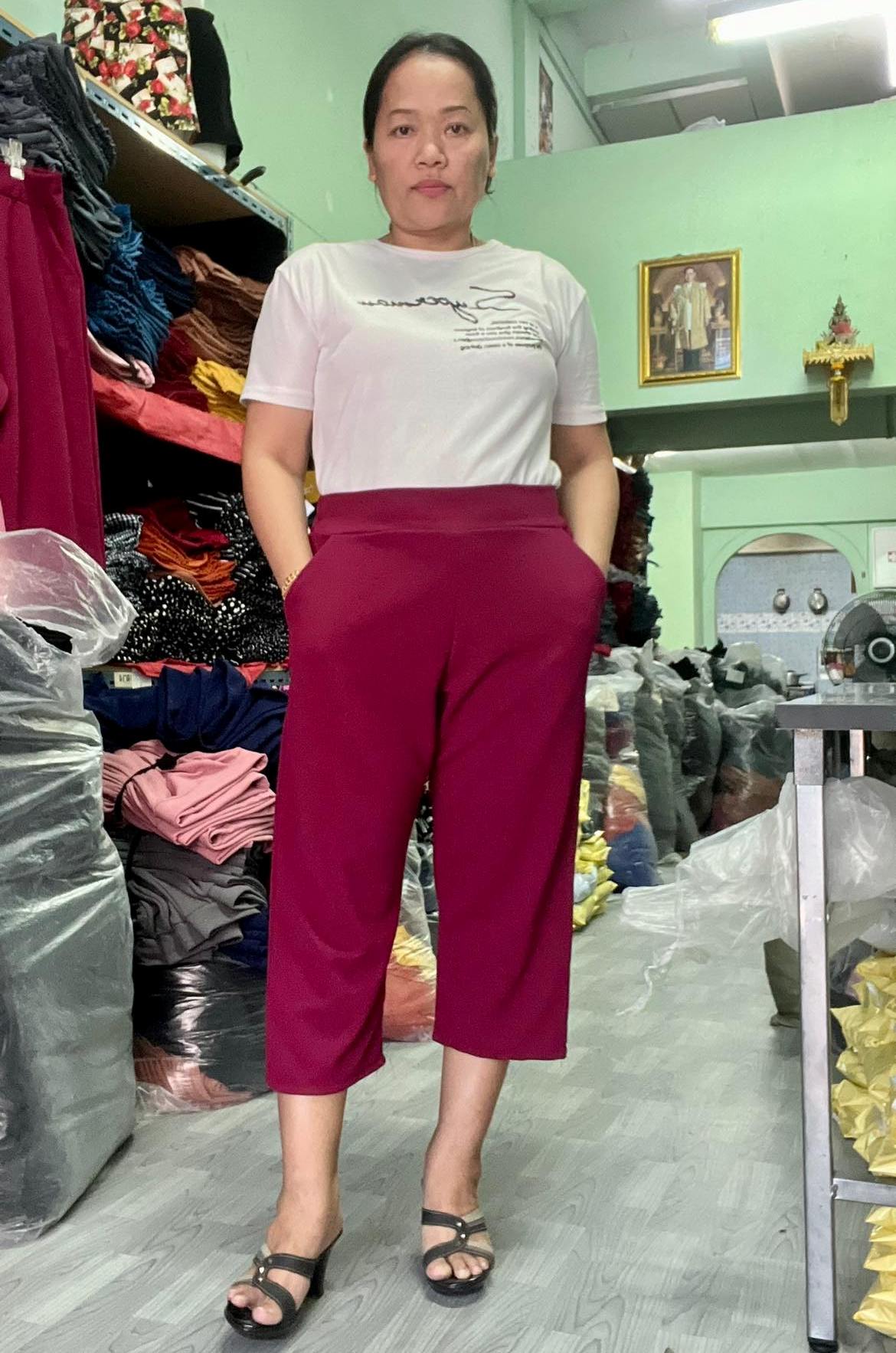 ⚡กางเกง5ส่วนผ้าวูลเวฟ-หน้า/หลังเอวเรียบ-มีกระเป๋า2ข้างไซส์สาวอวบใหญ่