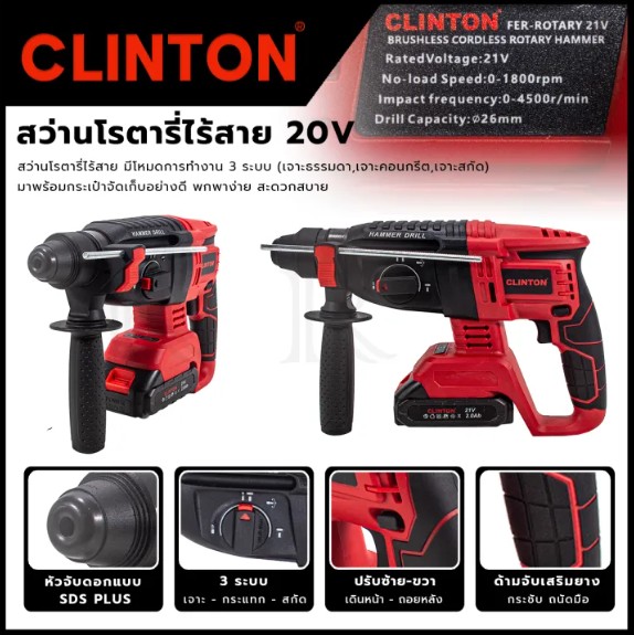 CLINTON สว่านโรตารี่ไร้สาย 3 ระบบ 20V รุ่น CT-RTY21V < เหมาะสำหรับงานเจาะไม้ เหล็ก ปูน และคอนกรีต >