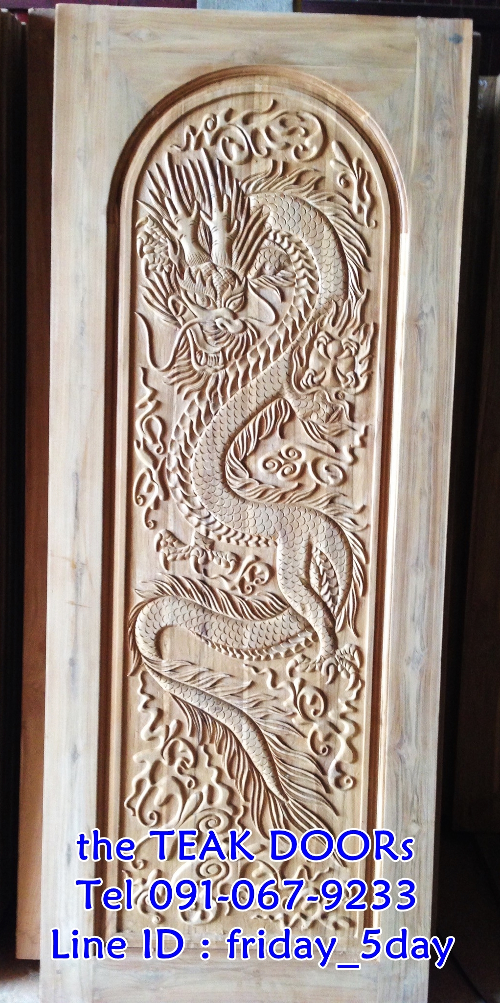 TD102 ประตูไม้สัก บานเดี่ยว ลายดราก้อน ขนาด 80X200ซม.