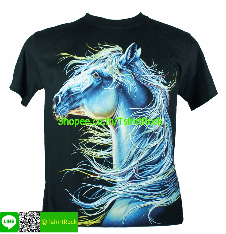 เสื้อลาย หัวม้าสีขาว เต็มหน้า เสื้อยืดสีดำ สกรีนหน้าหลัง ไซร์ยุโรป RCA200