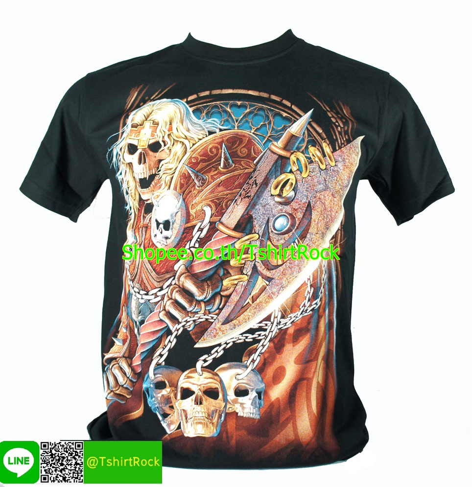 เสื้อลาย กะโหลก ผี ขวาน สงคราม เสื้อยืดสีดำ สกรีนหน้าหลัง ไซร์ยุโรป RCG209