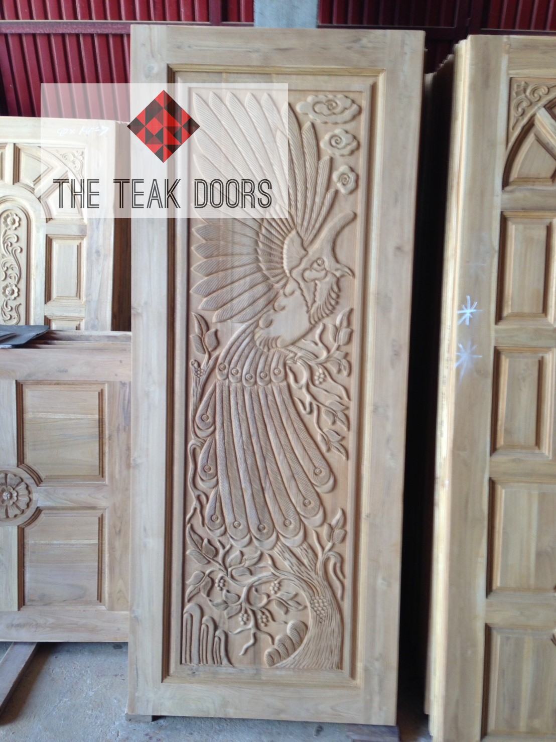 TD114 ประตูไม้สัก ลายนกกรงหัวจุก ขนาด 80X200 ซม.