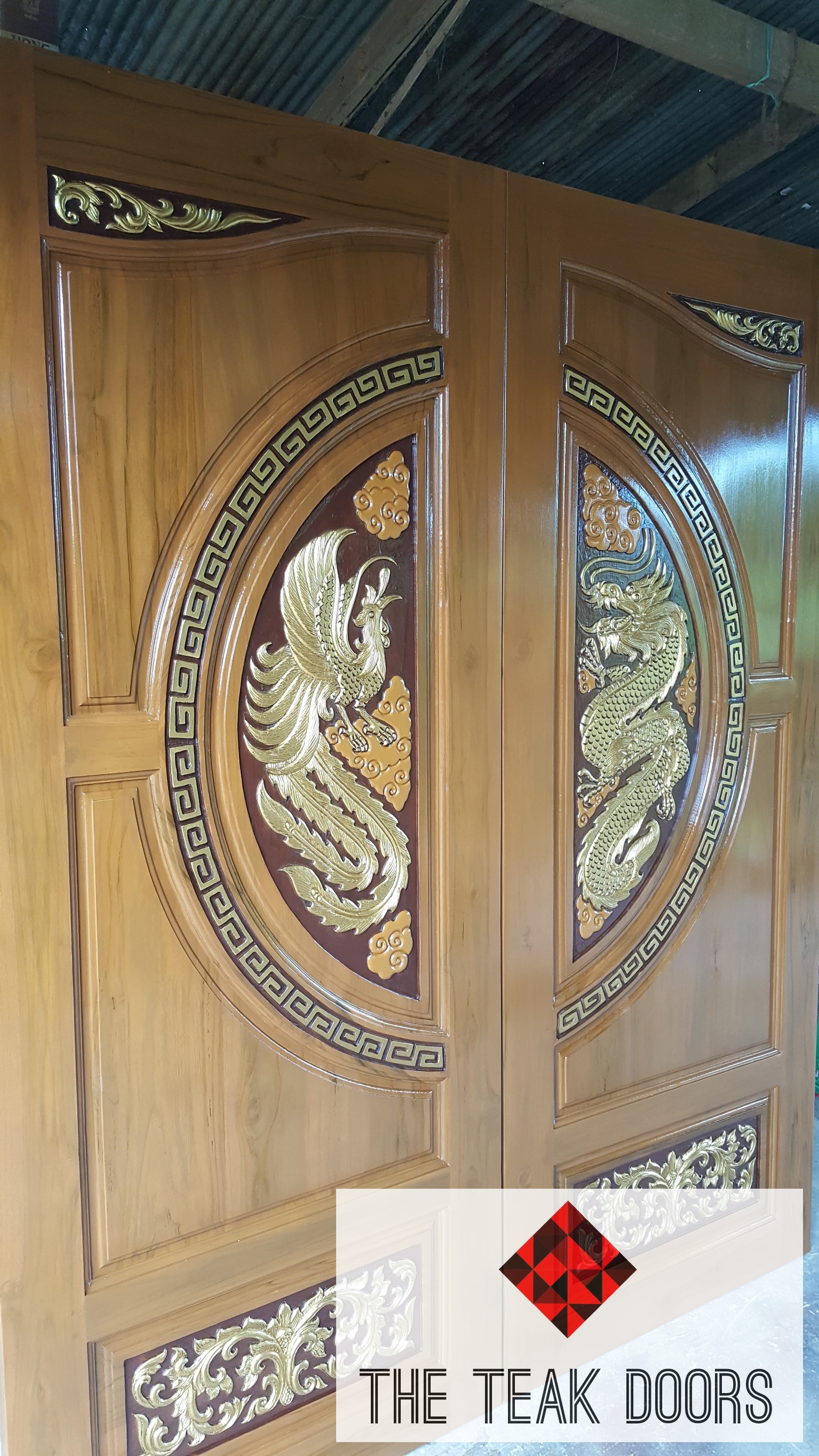 TD230 ประตูไม้สักบานคู่ วงกลมหงส์มังกร ขนาด 160X200 ซม.