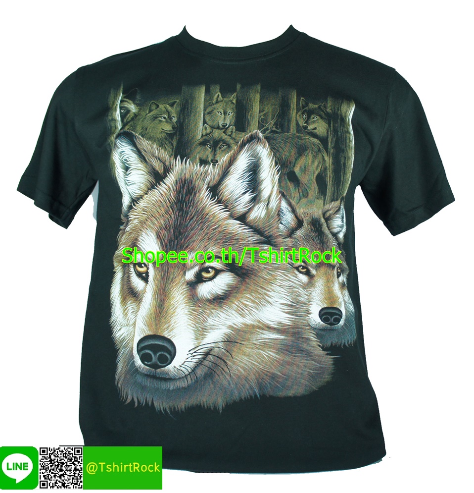 เสื้อลาย หมาป่า หลายตัว เสื้อยืดสีดำ สกรีนหน้าหลัง ไซร์ยุโรป RCA144