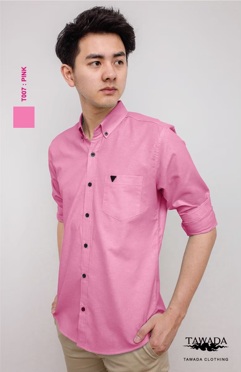 เสื้อเชิ้ตผู้ชายแขนยาวคอปกทรง Silmfit สีชมพู