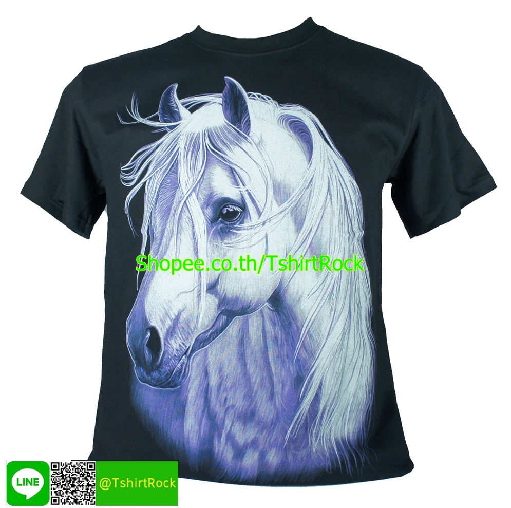 เสื้อลาย ม้าขาว หน้าเต็ม เสื้อยืดสีดำ สกรีนหน้าหลัง ไซร์ยุโรป RCA151