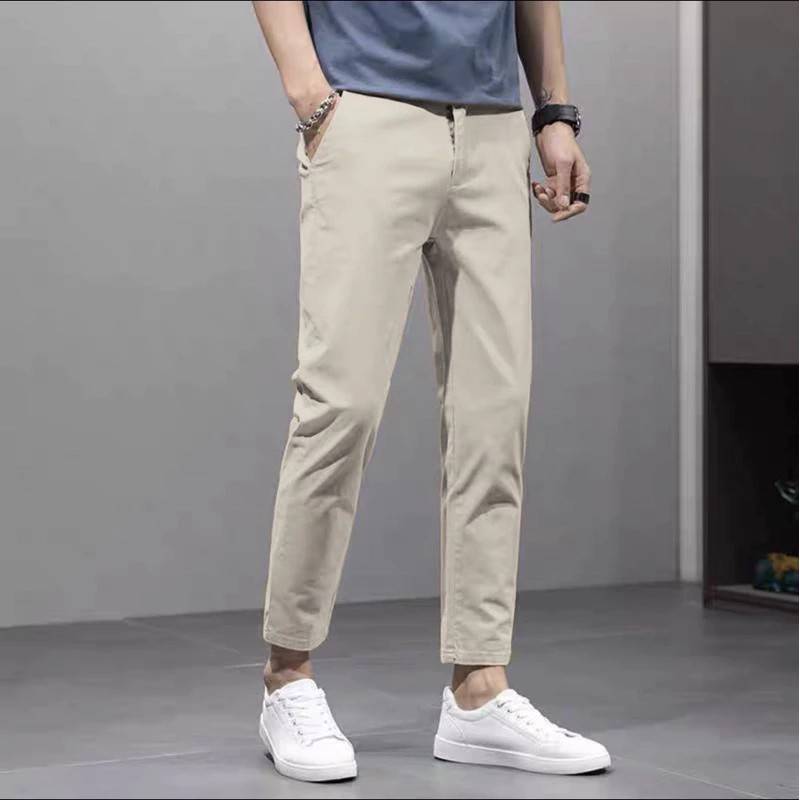 พร้อมส่ง : กางเกงผู้ชายชิโน่ทรงกระบอกเล็กขาเต่อ สีครีมขาว