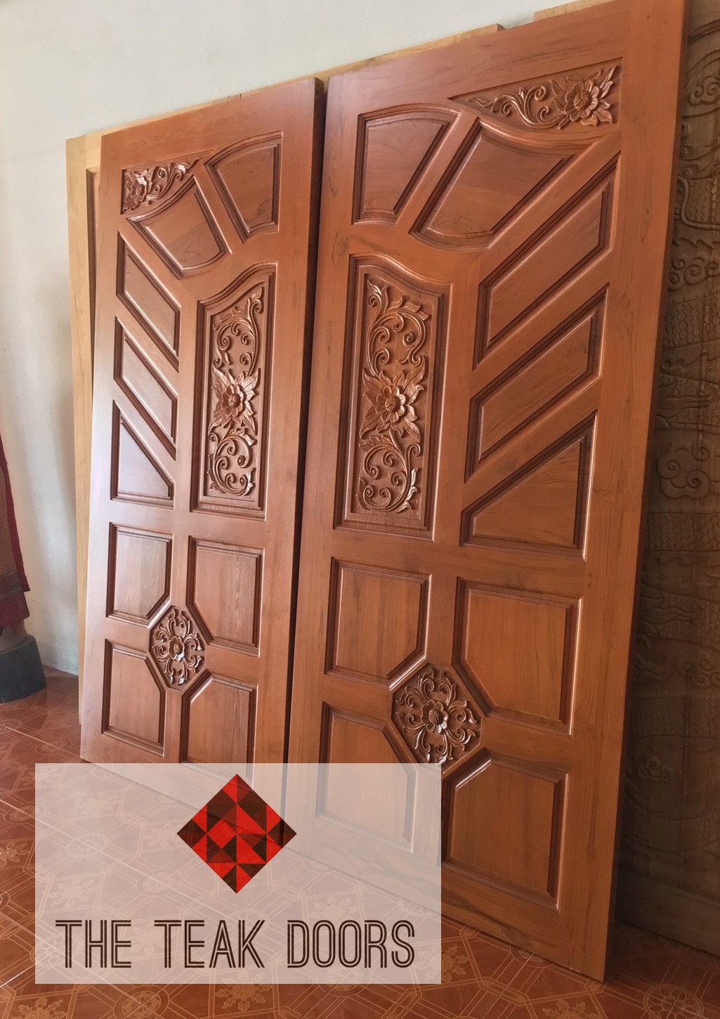 TD204 ประตูไม้สักบานคู่ ลายก้างปลา ขนาด 180X200 ซม.