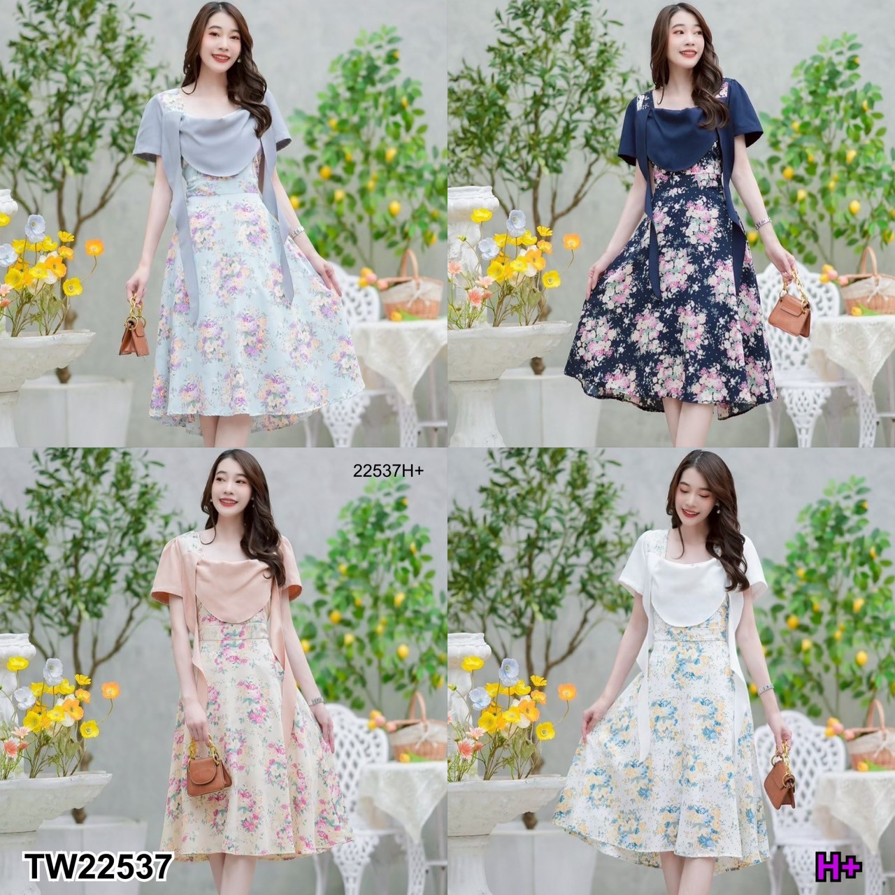 พร้อมส่ง : เดรสคอเหลี่ยมแต่งระบายอกลายดอก