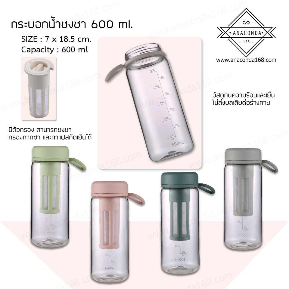 กระบอกน้ำพลาสติก ขวดน้ำสีใส ฝาสี 600 ml.