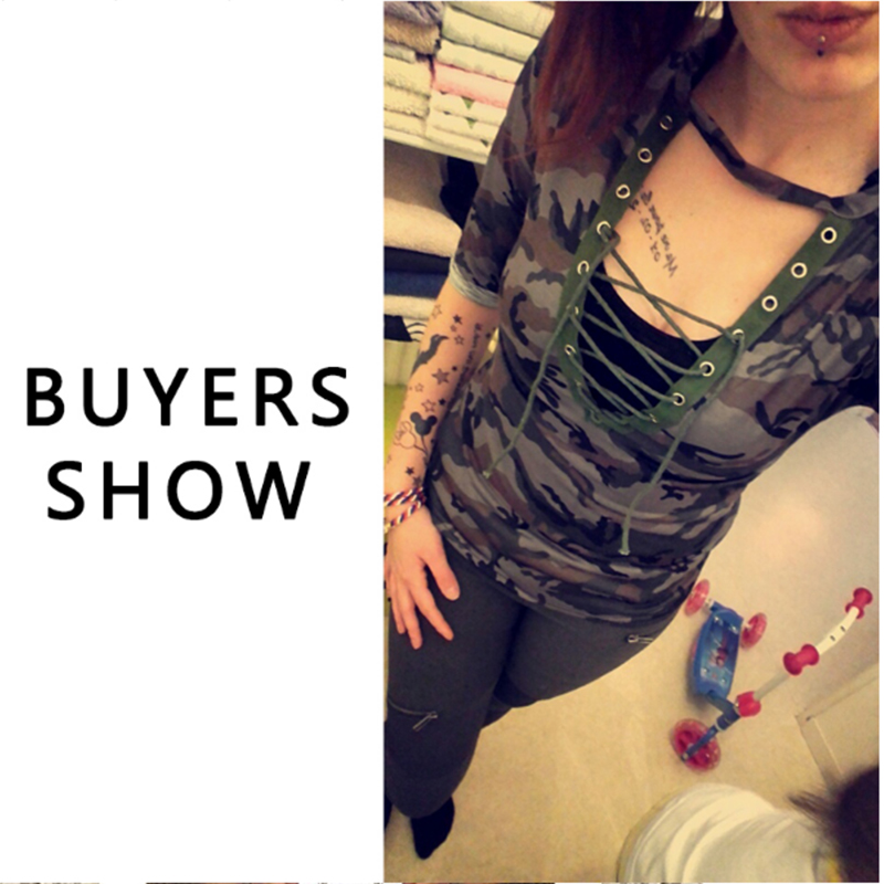 เสื้อยืดเขียวลายพรางแขนยาว(ร้อยโบว์ช่วงหน้าอก)