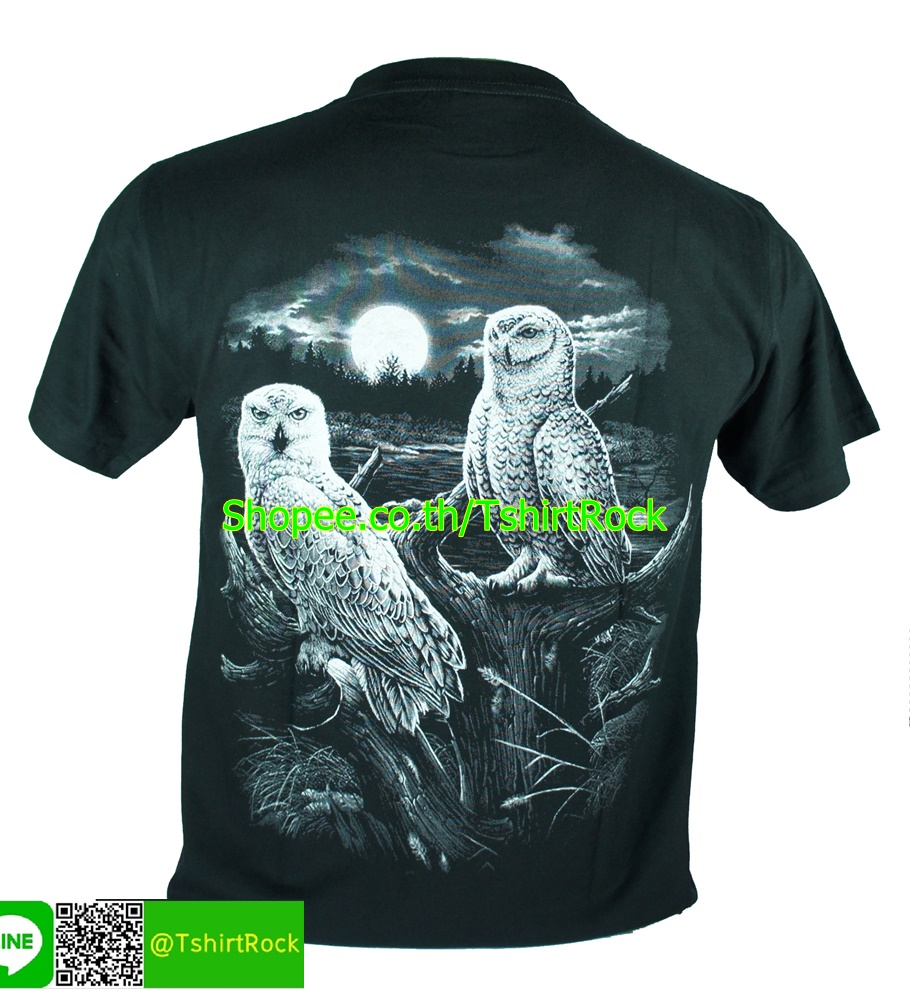 เสื้อลาย นกฮูกขาว พระจันทร์ เสื้อยืดสีดำ สกรีนหน้าหลัง ไซร์ยุโรป RCA180
