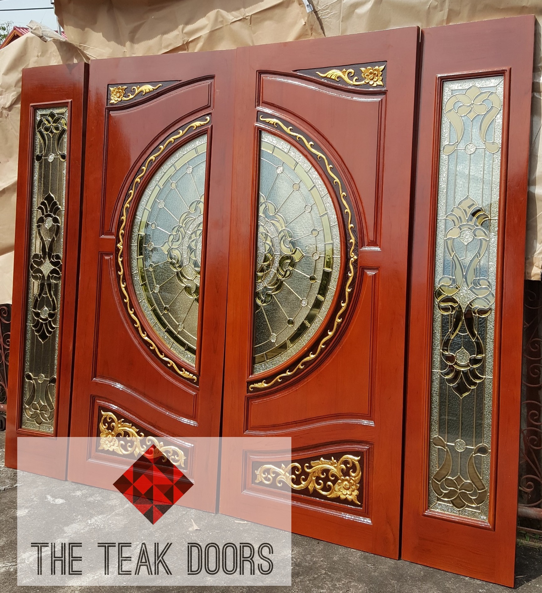 ประตูไม้สัก กระจกสเตนกลาส ชุด 4 ชิ้น (บานเปิด-ปิด)