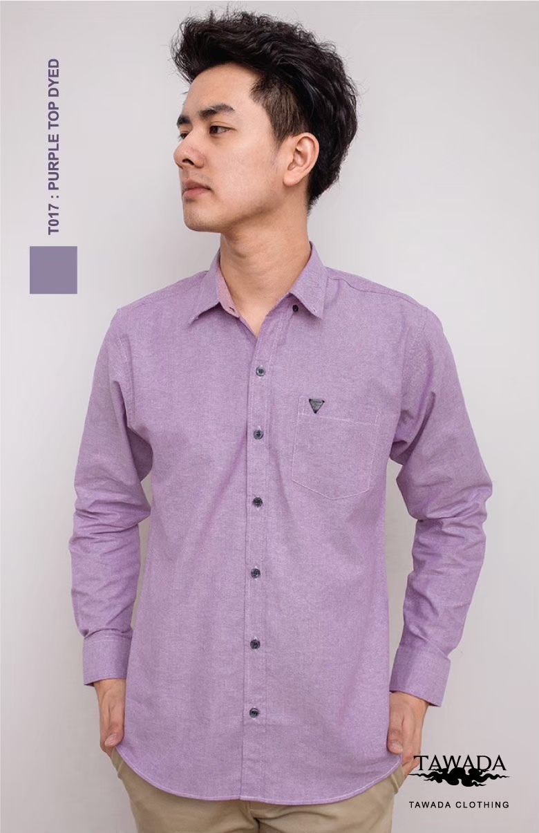 เสื้อเชิ้ตผู้ชายแขนยาวคอปกทรง Silmfit สีม่วงท็อปดราย