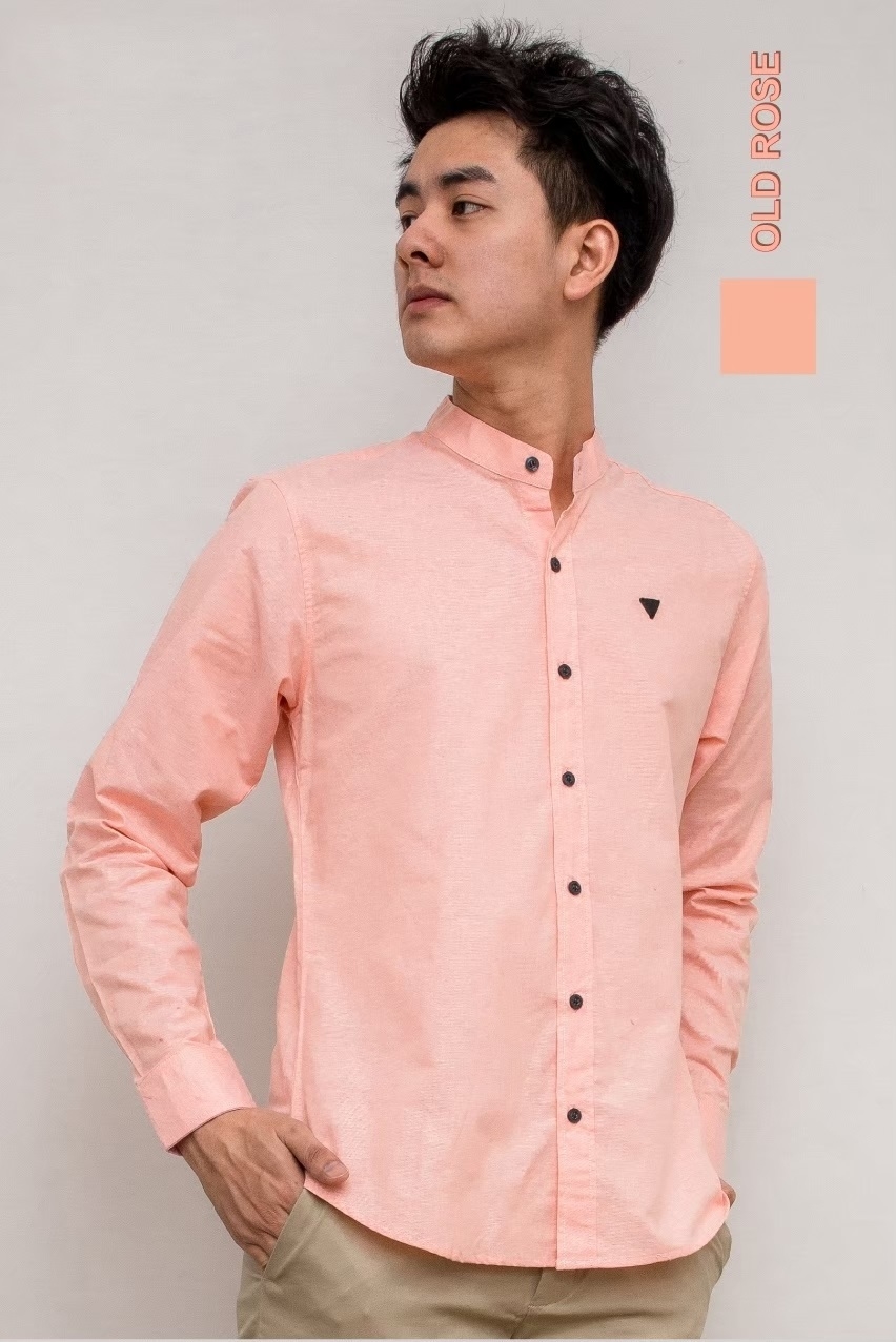 เสื้อเชิ้ตผู้ชายแขนยาวคอจีนทรง Silmfit สีโอรส