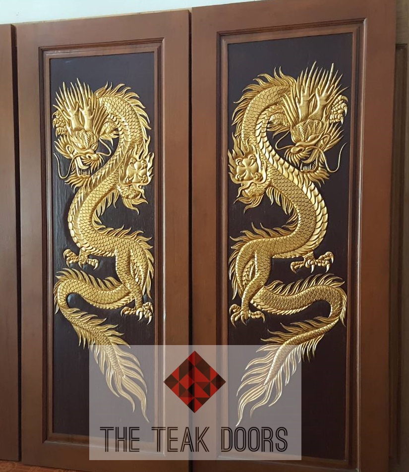 TD202 ประตูไม้สักบานคู่ ลายดราก้อน ขนาด 160X200ซม.