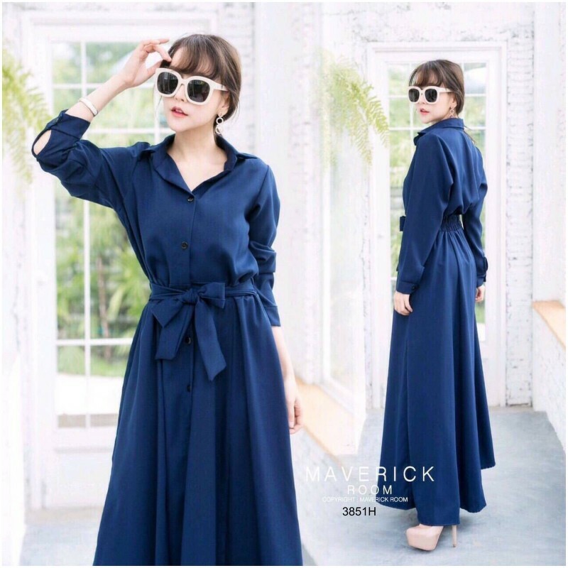 พร้อมส่ง : เดรสยาวคอปกเชิ้นแขนศอกแต่งกระดุมหน้า