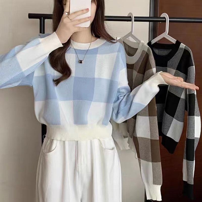 พร้อมส่ง : เสื้อกันหนาวสเวตเตอร์แขนยาวลายตารางใหญ่สลับสี