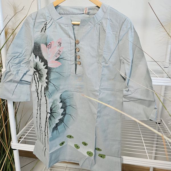เสื้อฝ้ายScreenลายดอกบัวสีฟ้าอมเทา