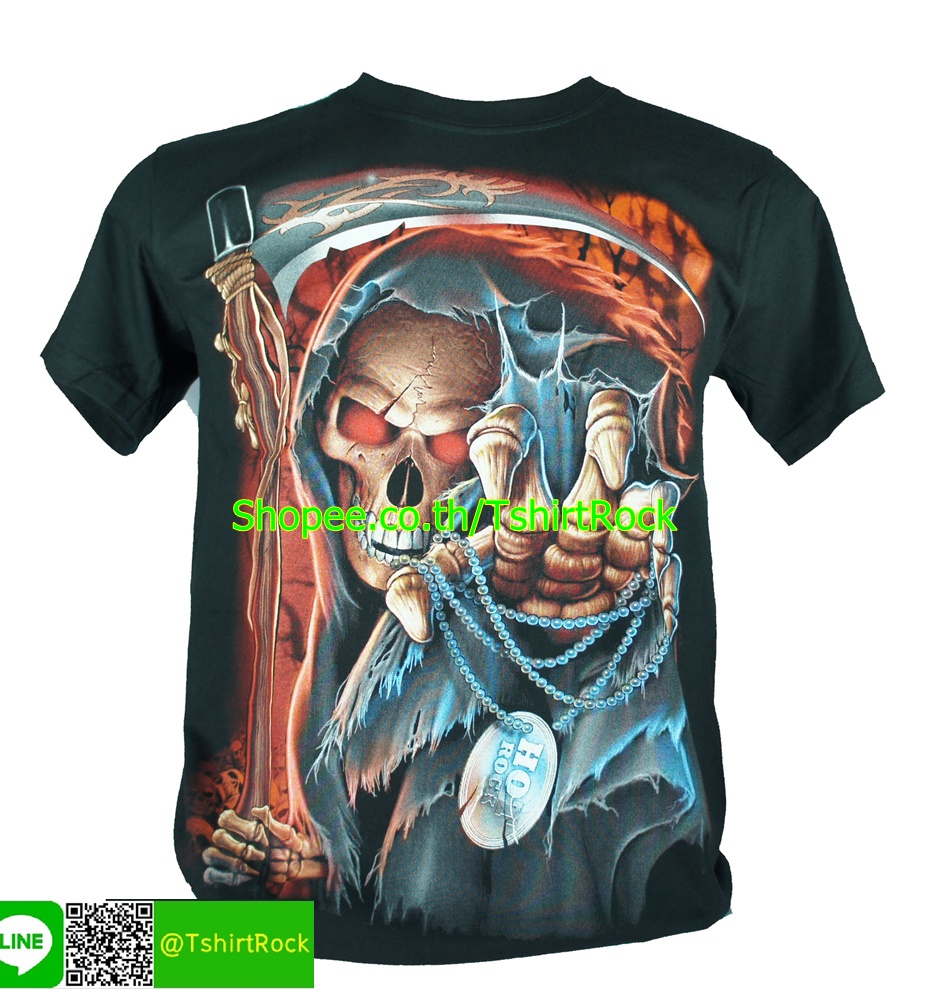 เสื้อลาย กะโหลก ยมทูต กริม รีปเปอร์ ผี เสื้อยืดสีดำ สกรีนหน้าหลัง ไซร์ยุโรป RCG211