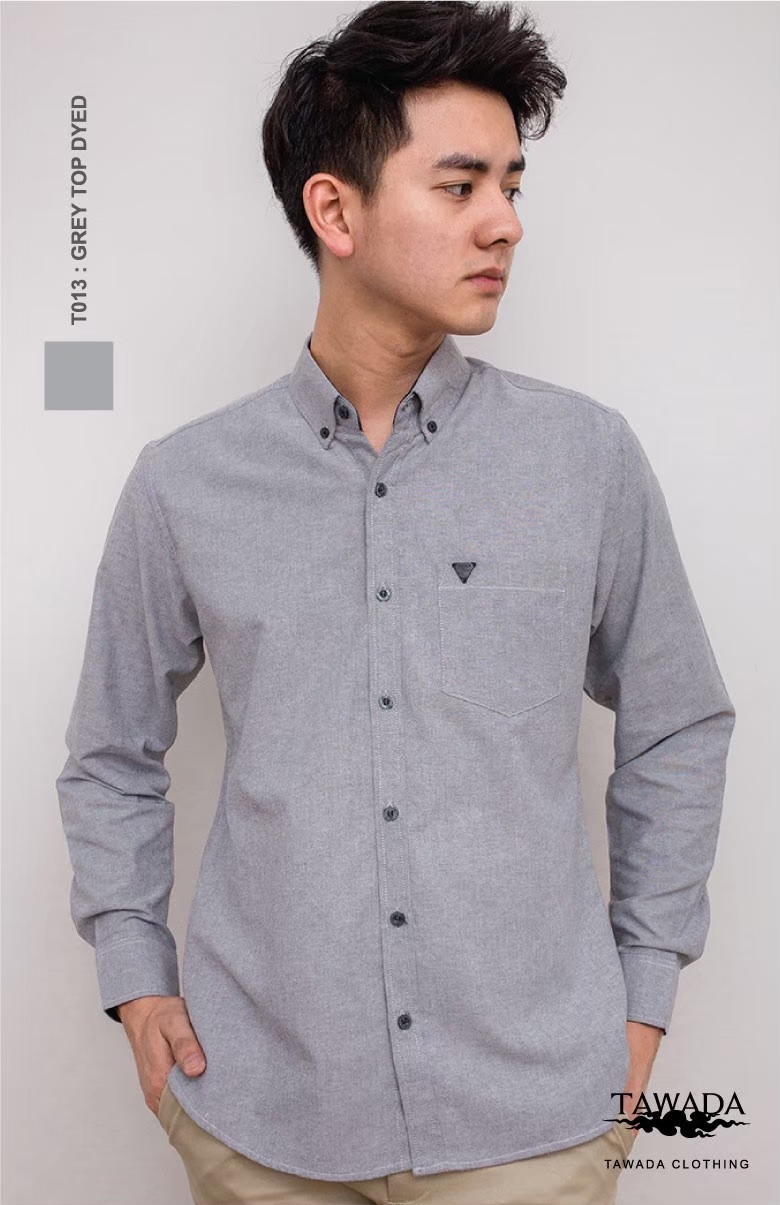 เสื้อเชิ้ตผู้ชายแขนยาวคอปกทรง Silmfit สีเทาท็อปดราย