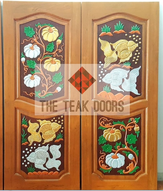 TD275 ประตูไม้สักบานคู่ลายปลา ฟักทอง ขนาด 160x200 ซม.
