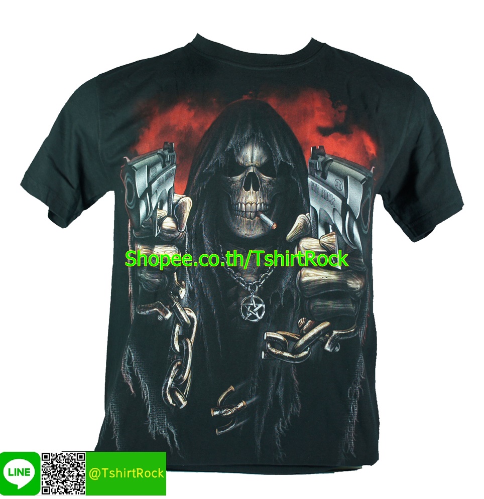 เสื้อลาย กะโหลก ปืน ผี เสื้อยืดสีดำ สกรีนหน้าหลัง ไซร์ยุโรป RCG237
