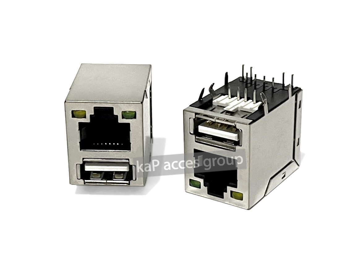 USB + RJ45 มีไฟ LED แสดงสถานะ เป็นหัวซ้อกเก็ตบัดกรีลงบอร์ด PCB