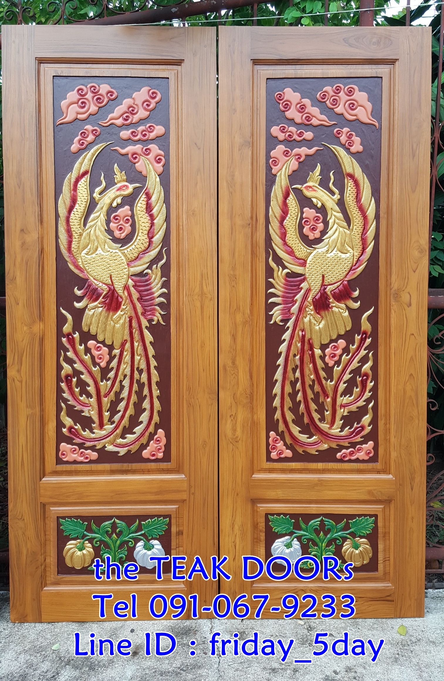 TD267 ประตูไม้สักบานคู่ ลายหงส์ล่างฟักทอง ขนาด 160X200 ซม.