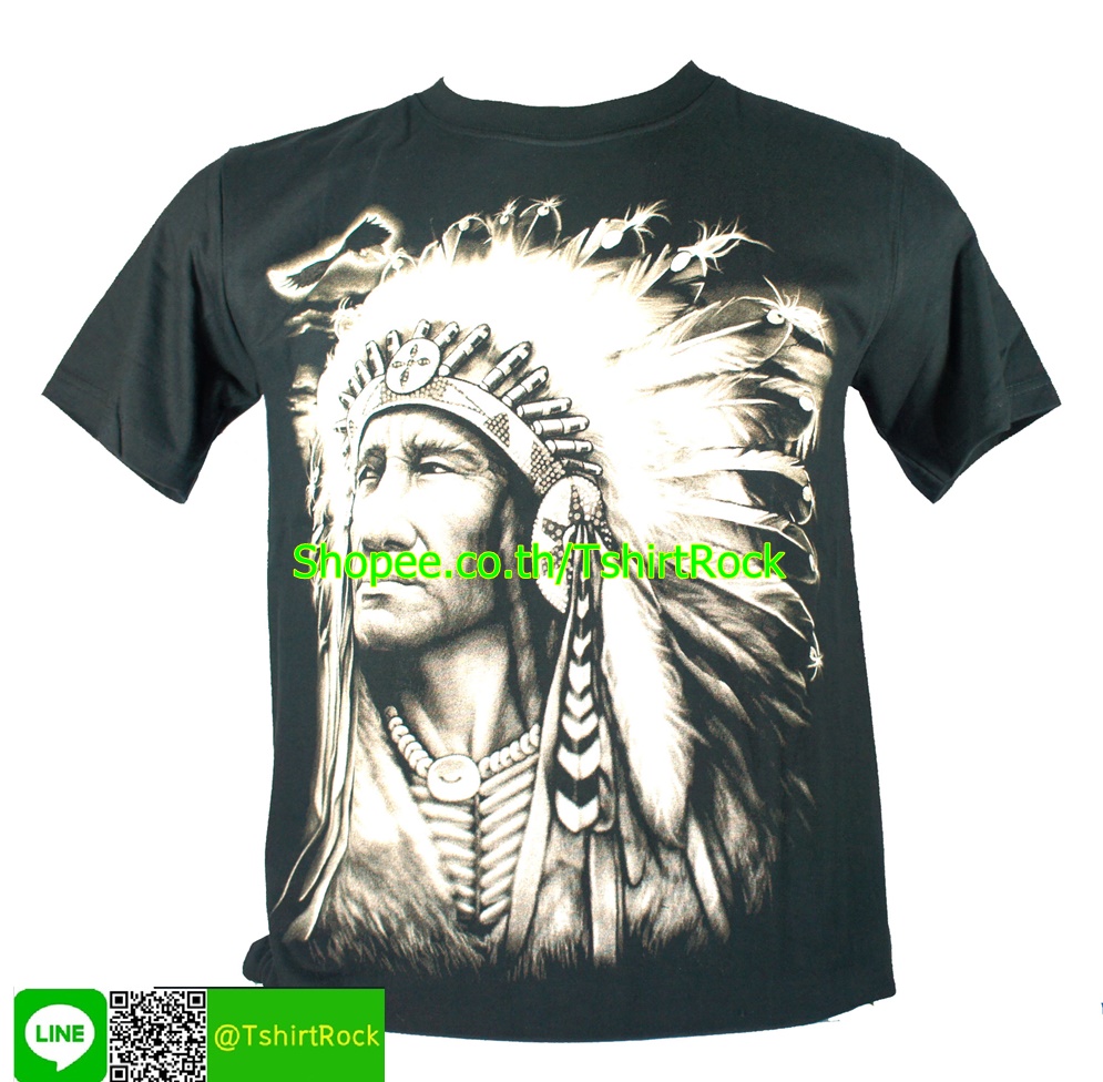 เสื้อลาย หัวหน้าเผ่า อินเดียแดง เสื้อยืดสีดำ สกรีนหน้าหลัง ไซร์ยุโรป RCA117