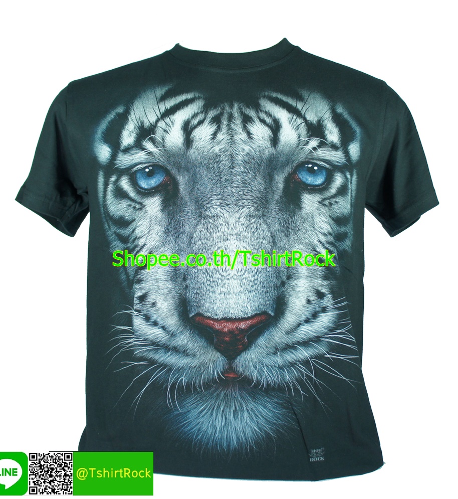 เสื้อลาย เสือขาว เต็มหน้า เสื้อยืดสีดำ สกรีนหน้าหลัง ไซร์ยุโรป RCA249