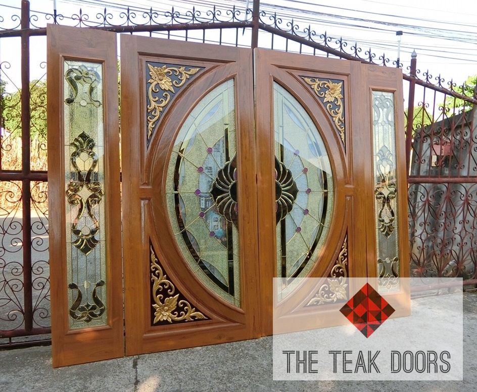 ประตูไม้สัก กระจกสเตนกลาส ชุด 4 ชิ้น (บานเปิด-ปิด)