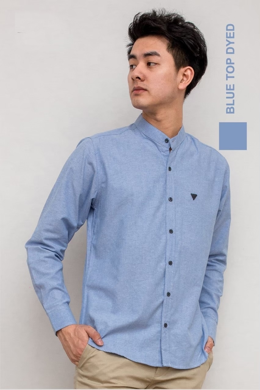 เสื้อเชิ้ตผู้ชายแขนยาวคอจีนทรง Silmfit สีฟ้าท็อปดราย