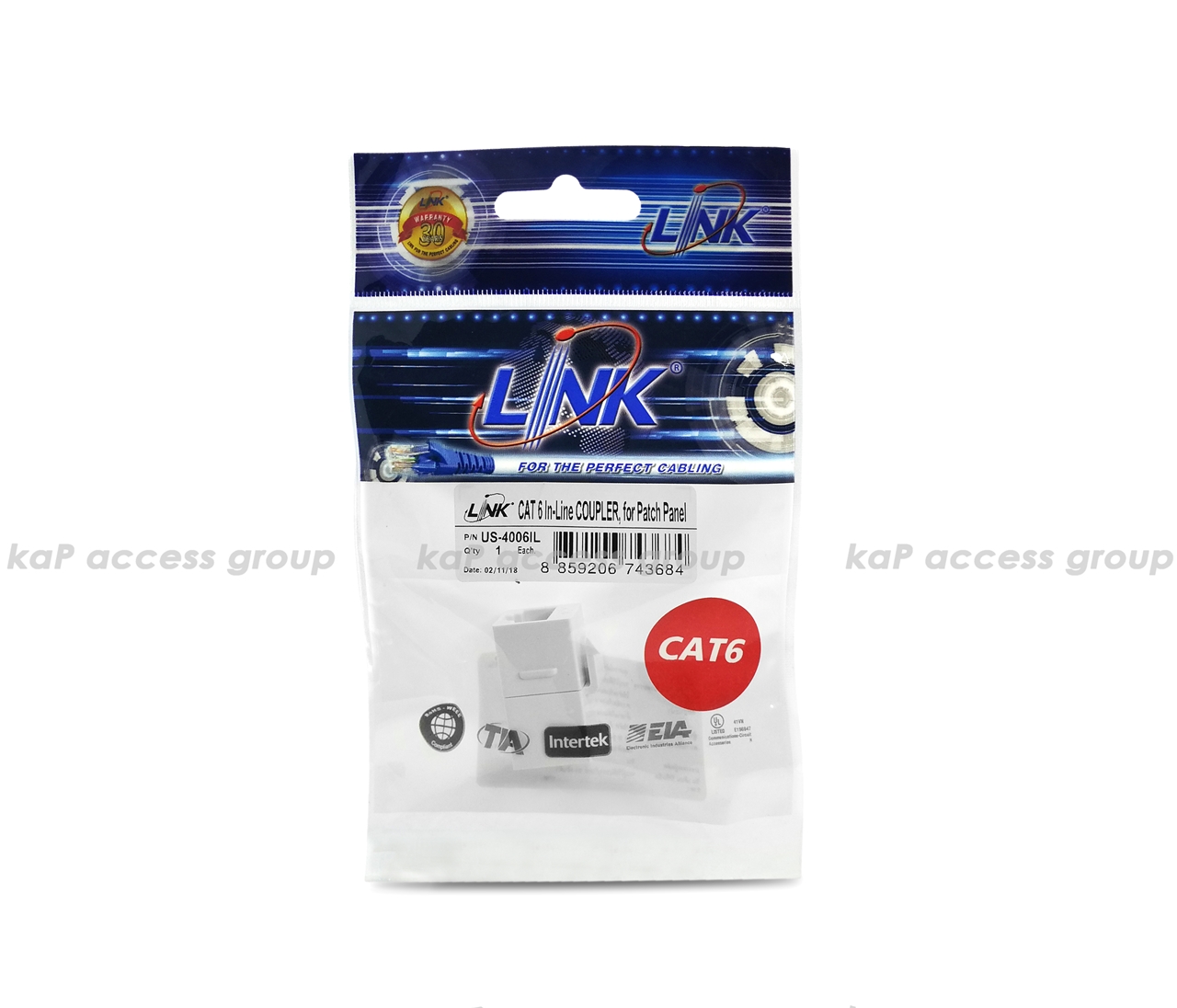 LINK ตัวต่อสายแลน CAT6 in-Line COUPLER ใส่หน้ากาก เมีย/เมีย WHITE