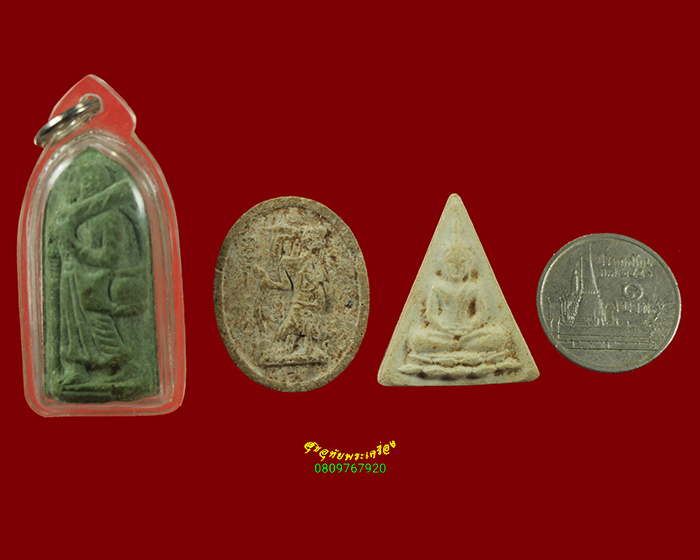 547.พระสิวลีเนื้อผงสีเขียว หลังขอมล้านนา+ผงฤาษีหลังยันต์+ผงนางพญา วัดม่วงขาว 1ชุด3องค์ น่าบูชาครับ