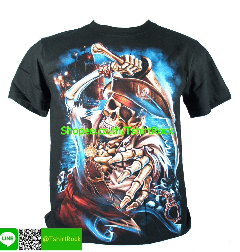 เสื้อลาย กะโหลก ผี โจรสลัด เสื้อยืดสีดำ สกรีนหน้าหลัง ไซร์ยุโรป RCG230
