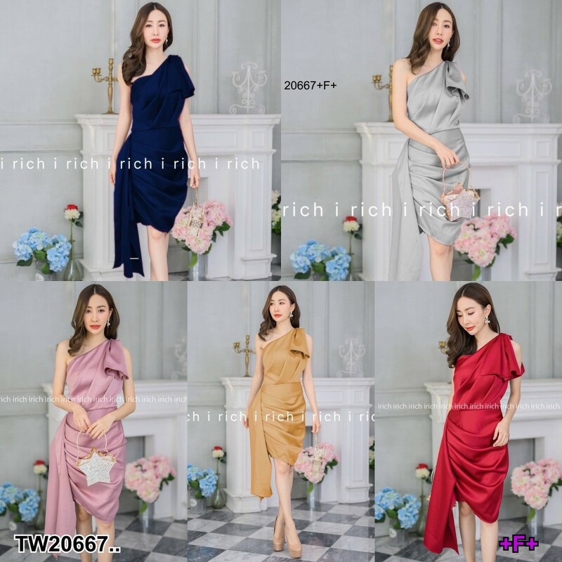 พร้อมส่ง : เดรสสายเดี่ยวเบี่ยงไหล่แค่งระบายข้าง