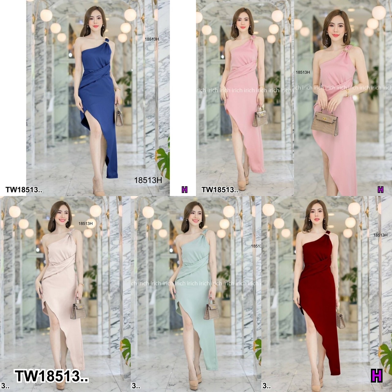 พร้อมส่ง : เดรสยาวสายเดี่ยวไหล่เดียวแต่งโซ่ทอง
