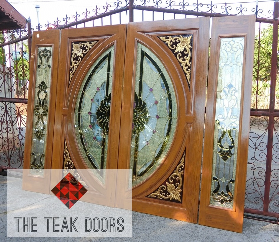 ประตูไม้สัก กระจกสเตนกลาส ชุด 4 ชิ้น (บานเปิด-ปิด)