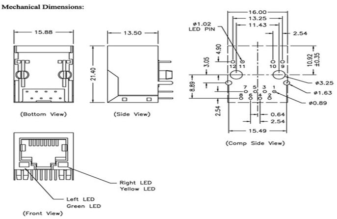 ซ็อกเก็ตเชื่อมต่อเครือข่ายอีเธอร์เน็ต 8P 8C 8Pin ลงบอร์ด Pcb มีไฟ RJ45 Connector Original HR911105 HR911105A Laser printing network transformer