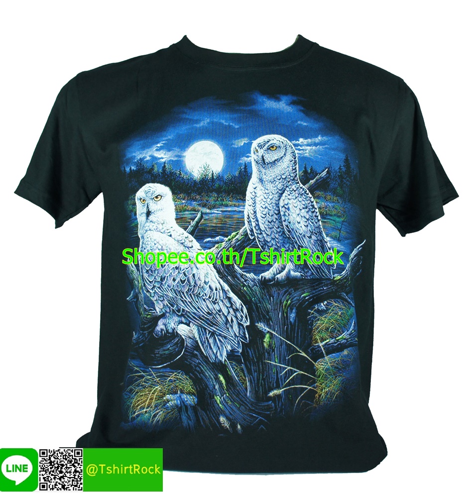 เสื้อลาย นกฮูกขาว พระจันทร์ เสื้อยืดสีดำ สกรีนหน้าหลัง ไซร์ยุโรป RCA180