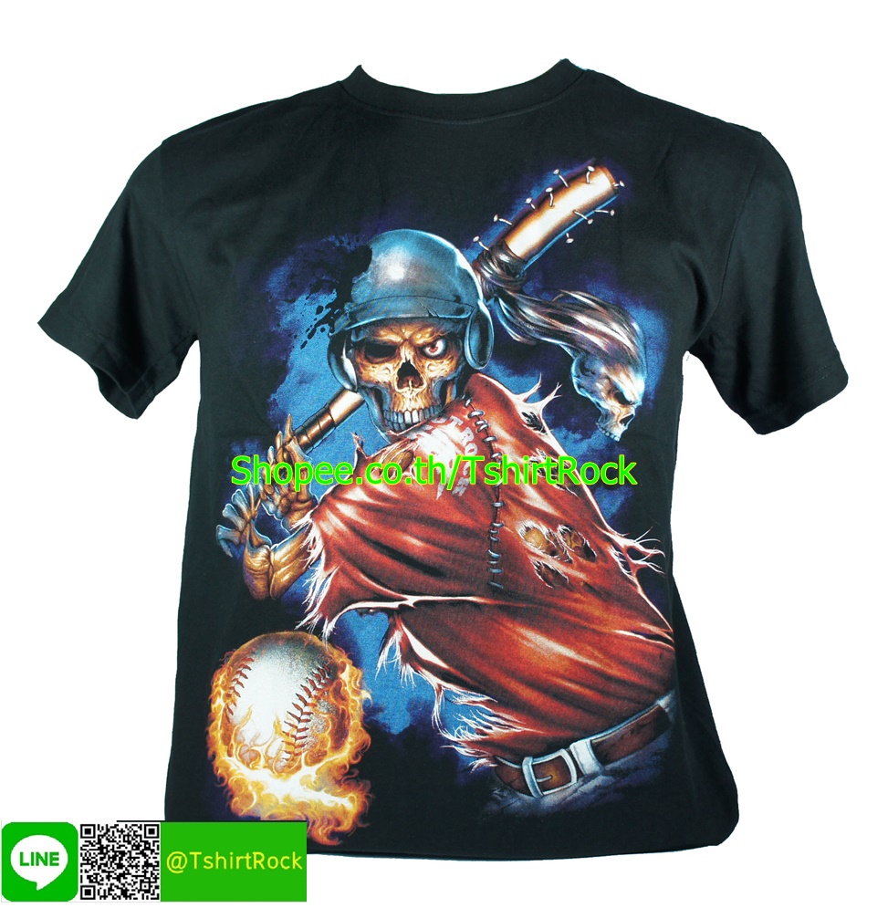 เสื้อลาย กะโหลก ผี ตีเบสบอล เสื้อยืดสีดำ สกรีนหน้าหลัง ไซร์ยุโรป RCG213