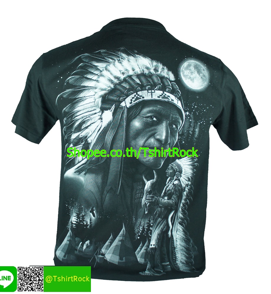 เสื้อลาย พระจันทร์ หัวหน้าเผ่า อินเดียแดง เสื้อยืดสีดำ สกรีนหน้าหลัง ไซร์ยุโรป RCA165