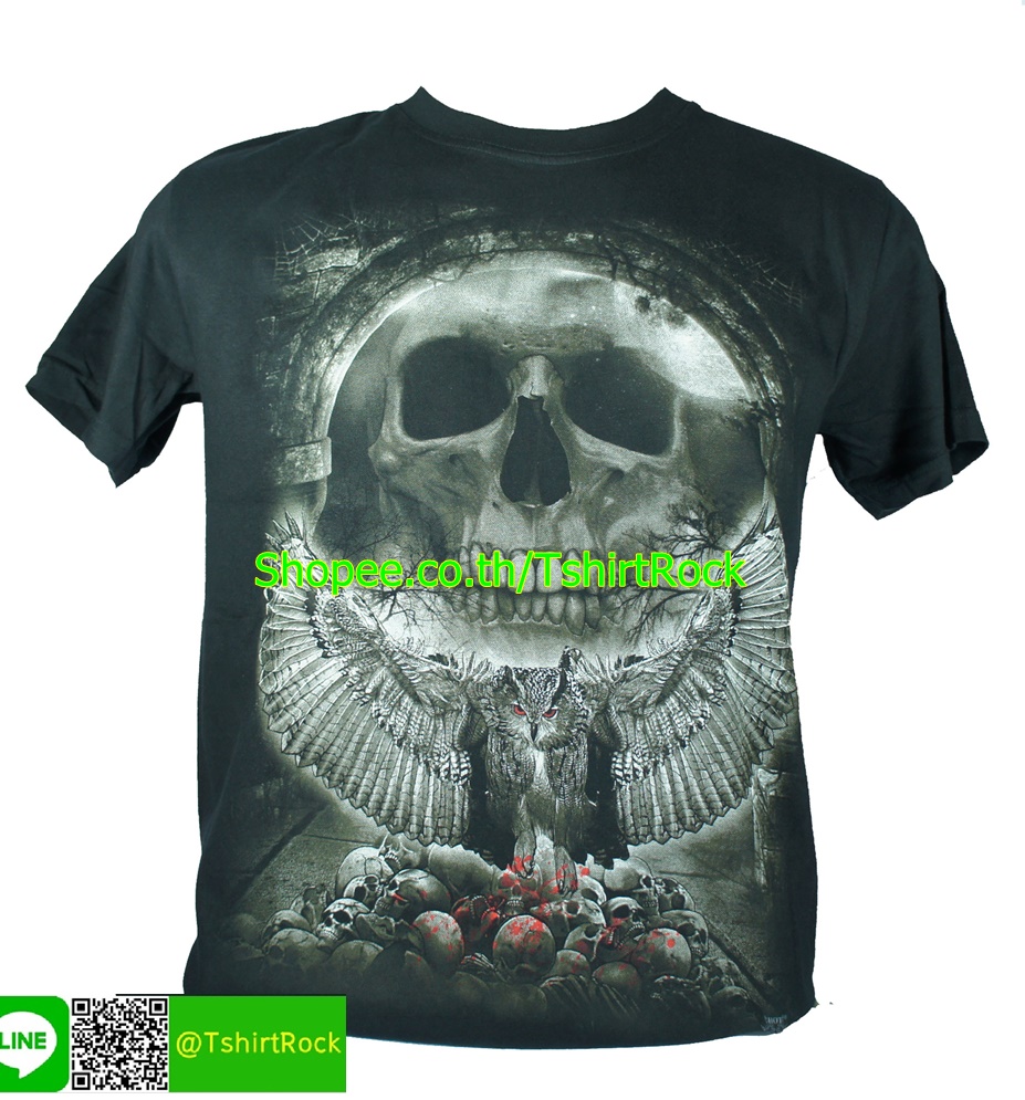 เสื้อลาย กะโหลก นกฮูก ผี เสื้อยืดสีดำ สกรีนหน้าหลัง ไซร์ยุโรป RCG243