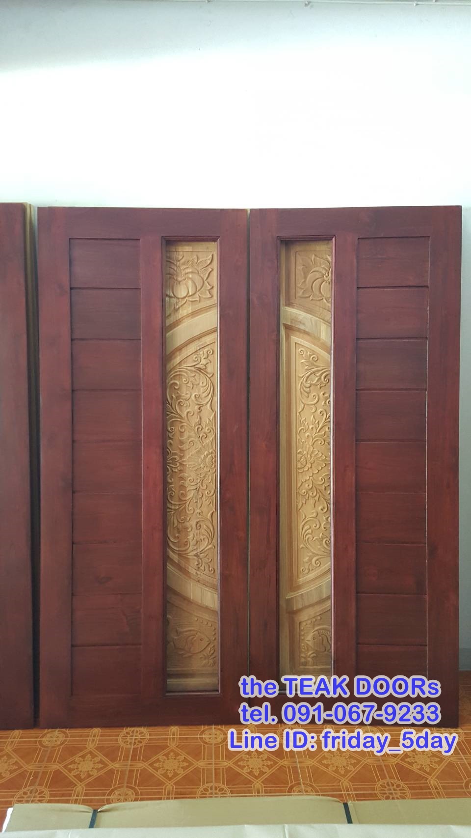 TD278 ประตูไม้สักบานคู่ โมเดิร์นข้างกระจก ขนาด 160X200 ซม.