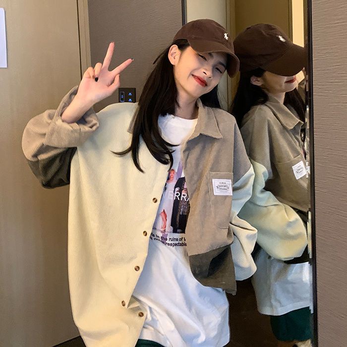พร้อมส่ง : เสื้อเชิ้ตแขนยาวคอปกสีผ้าลูกฟูกแต่งสลับสี