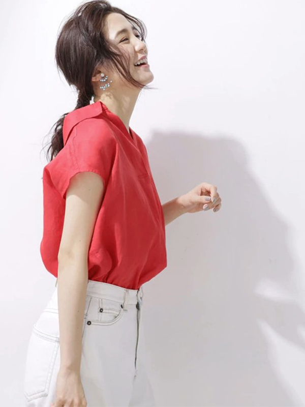 เสื้อเชิ้ตลินินแท้ทรงไหล่ล้ำสีแดง